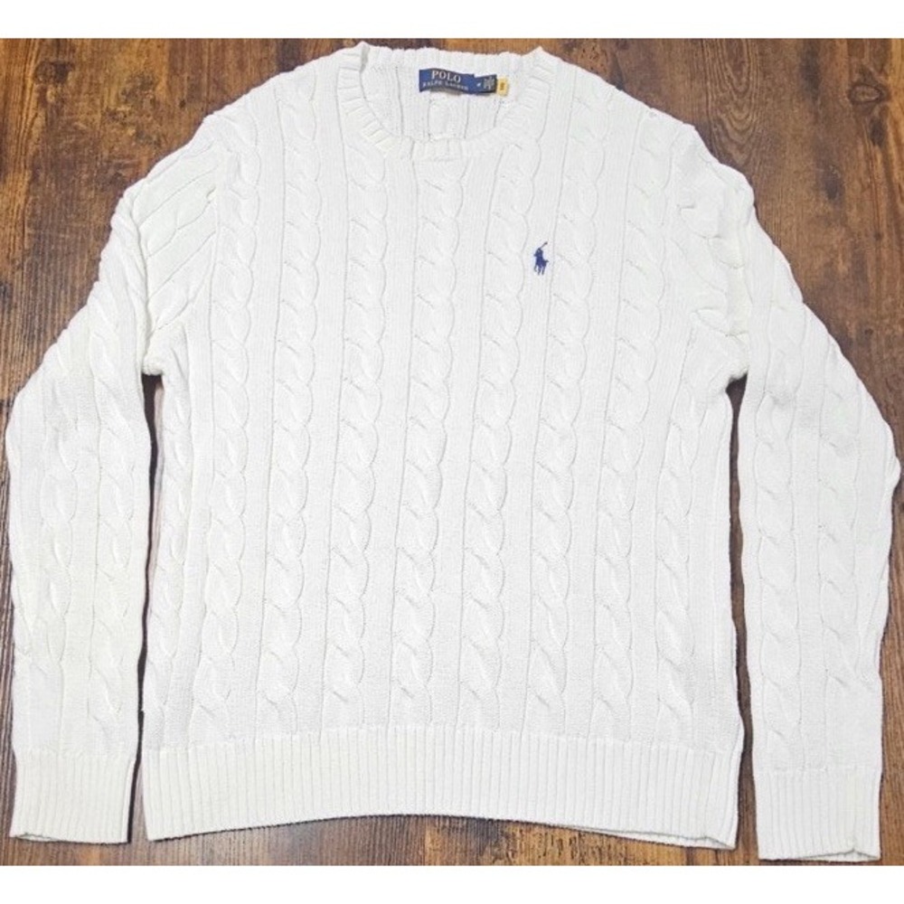 Polo Ralph Lauren 100% Cotton Cable Knit White Sweater Men's Size Medium